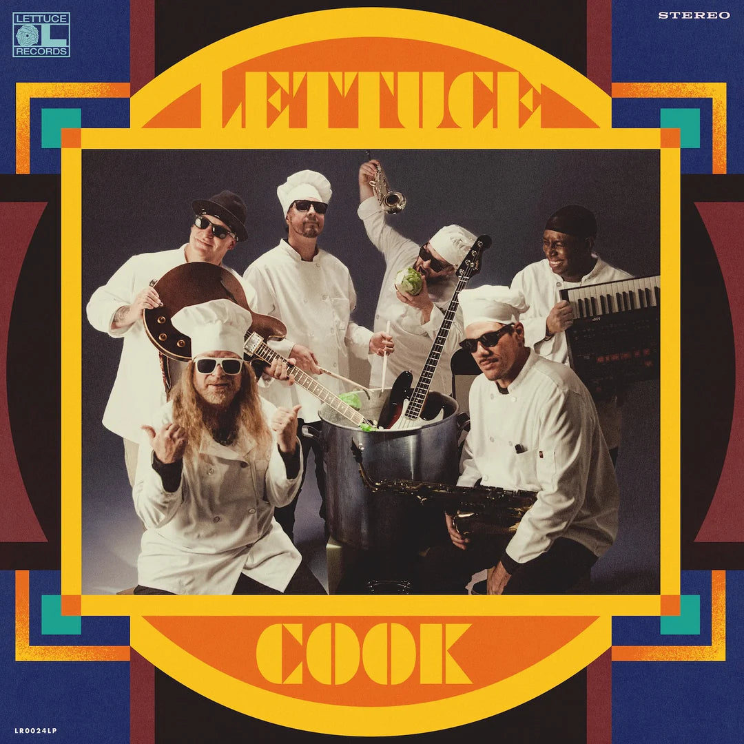 Album cover with a band in chef outfits posing around a pot, surrounded by colorful geometric patterns and text.
