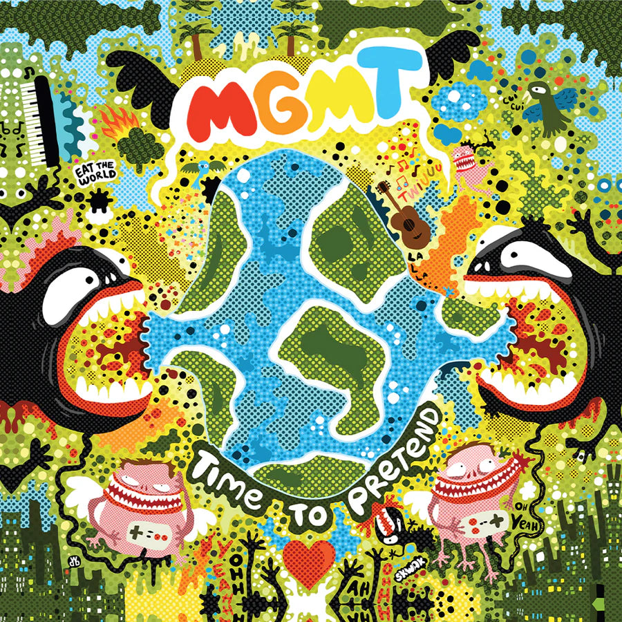 Album cover for MGMT's 'Time to Pretend' with colorful graphics and text.