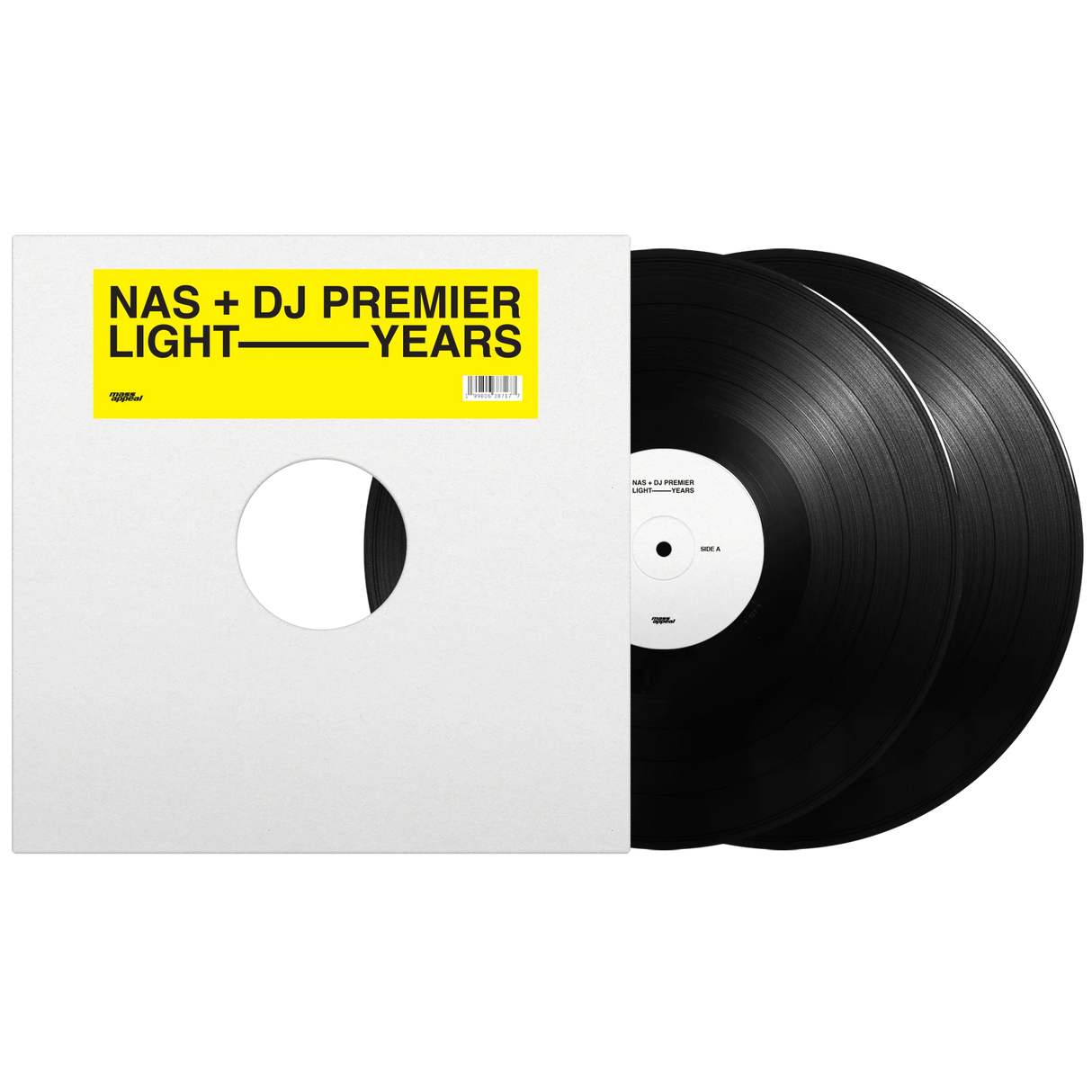 Vinyl records with a white sleeve featuring text on a white background