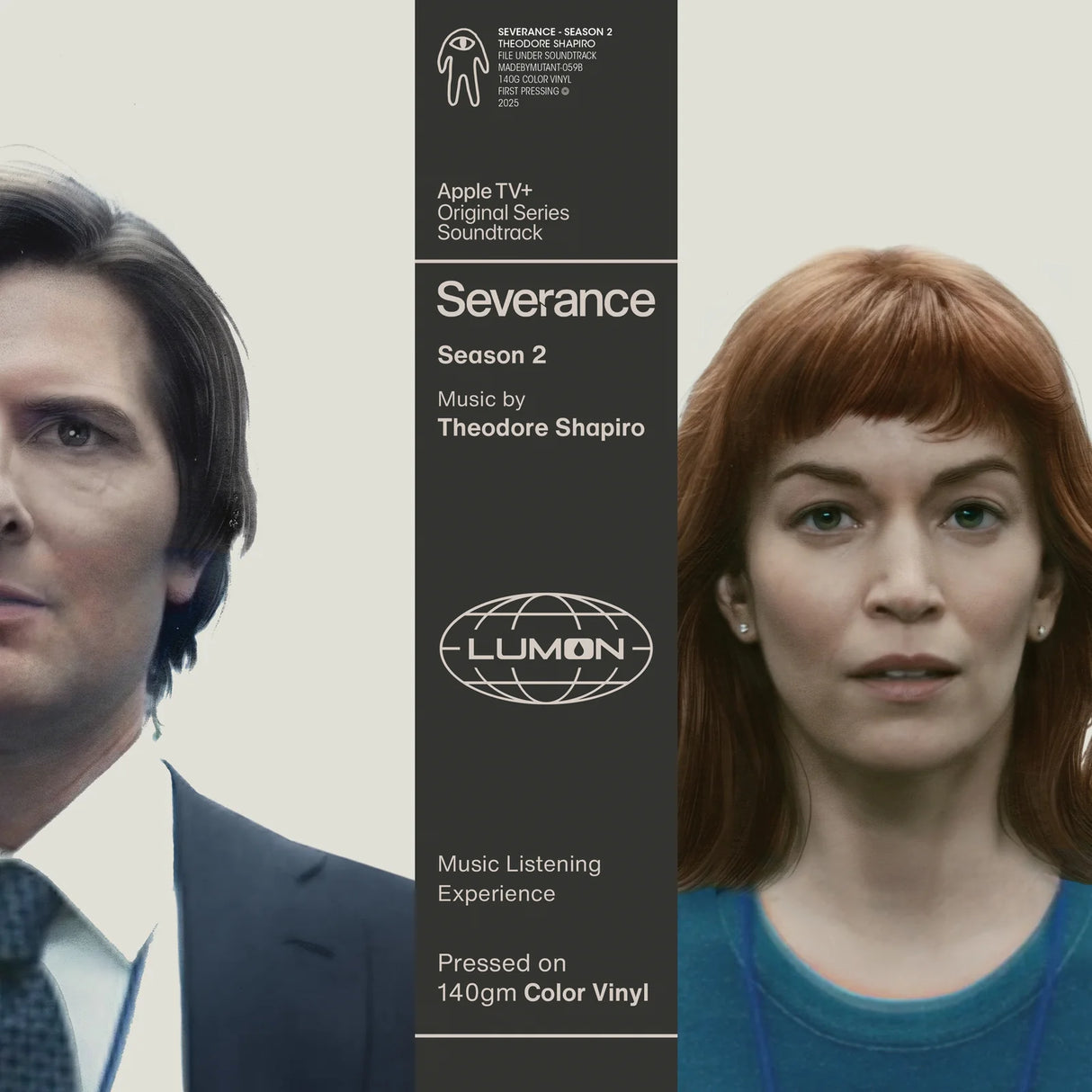 Vinyl record cover for 'Severance' Season 2 with two characters and Lumon branding.