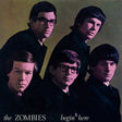 Album cover art for 'the ZOMBIES - begin here' featuring four men in dark suits against a muted olive-yellow background.