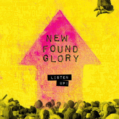 Album cover for 'New Found Glory' with a pink arrow and crowd on a yellow background