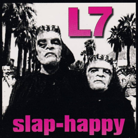 Album cover with two figures in black hoodies and pink 'L7' text on a palm tree background.