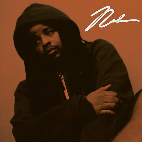 Person wearing a hood with a signature on a brown background