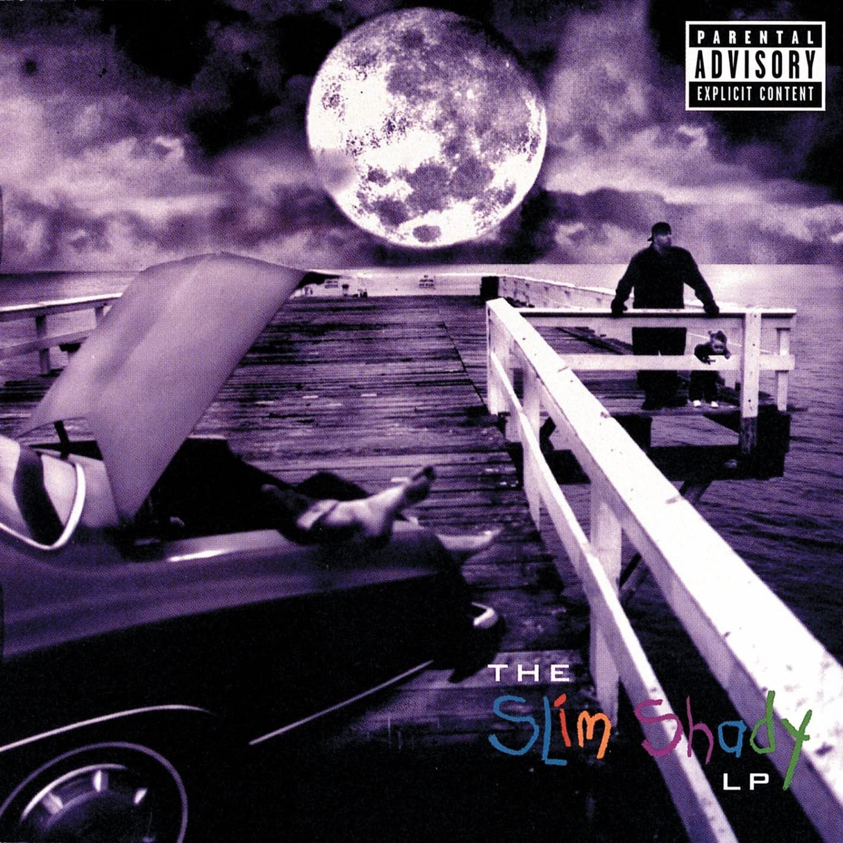 Album cover with a car, person on a dock, and large moon under a 'Parental Advisory' label.