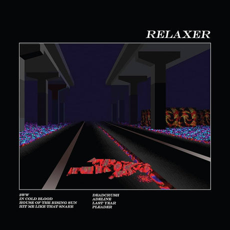 Album cover for 'Relaxer' with a dark, futuristic design and text.