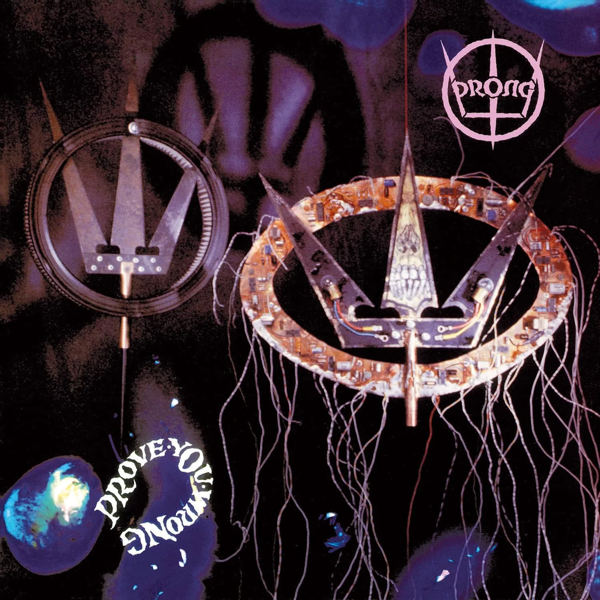 Album cover with a central logo and text, featuring a dark background with abstract elements.