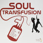 Album cover for 'Soul Transfusion' with a blood bag and dancing figures on a white background.