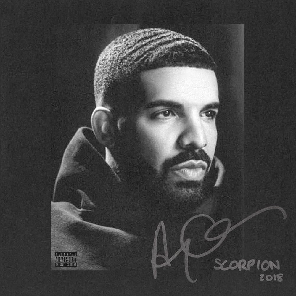 Black and white portrait of a person with a signature and album name on a dark background