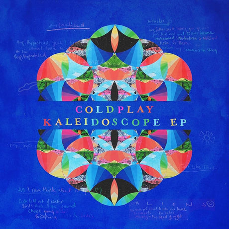 Album cover for Coldplay's 'Kaleidoscope EP' with colorful geometric design on a blue background.