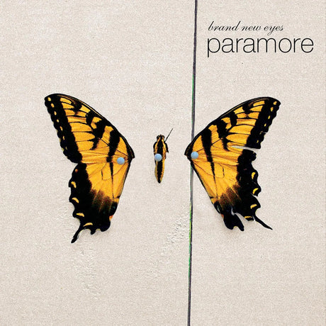 Album cover with two yellow butterflies on a beige background, featuring the text 'brand new eyes' and 'paramore'.