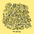 Illustration of a dog with various symbols and text on a yellow background