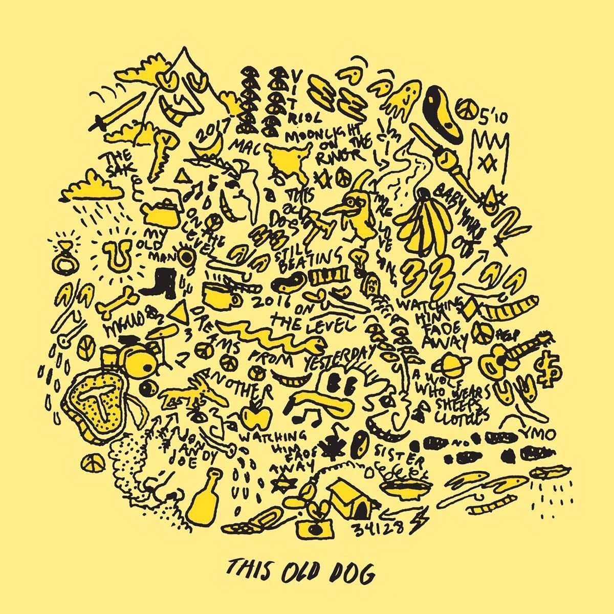 Illustration of a dog with various symbols and text on a yellow background