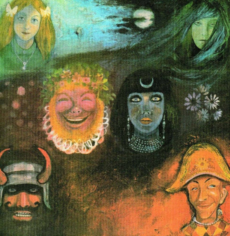 Folklore-style illustration with various characters and a moon in the background