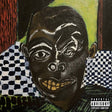 Artistic depiction of a face with a checkered pattern and 'Parental Advisory' label.