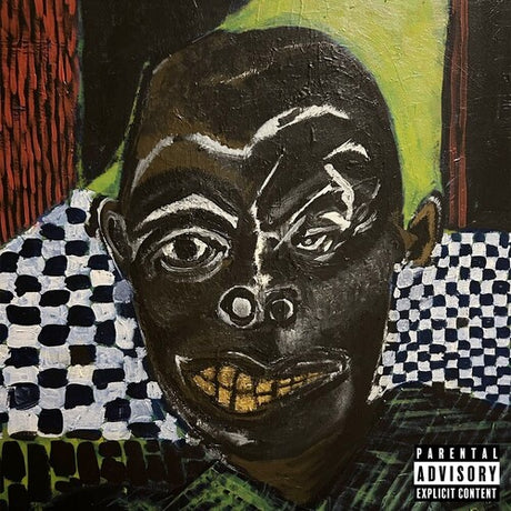 Artistic depiction of a face with a checkered pattern and 'Parental Advisory' label.