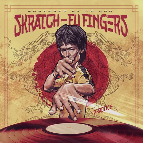Album cover with a person pointing at a turntable, dragons, and text on a red and yellow background