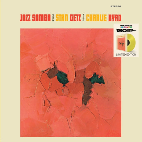 Album cover for 'Jazz Samba' featuring Stan Getz and Charlie Byrd with abstract design and limited edition label.