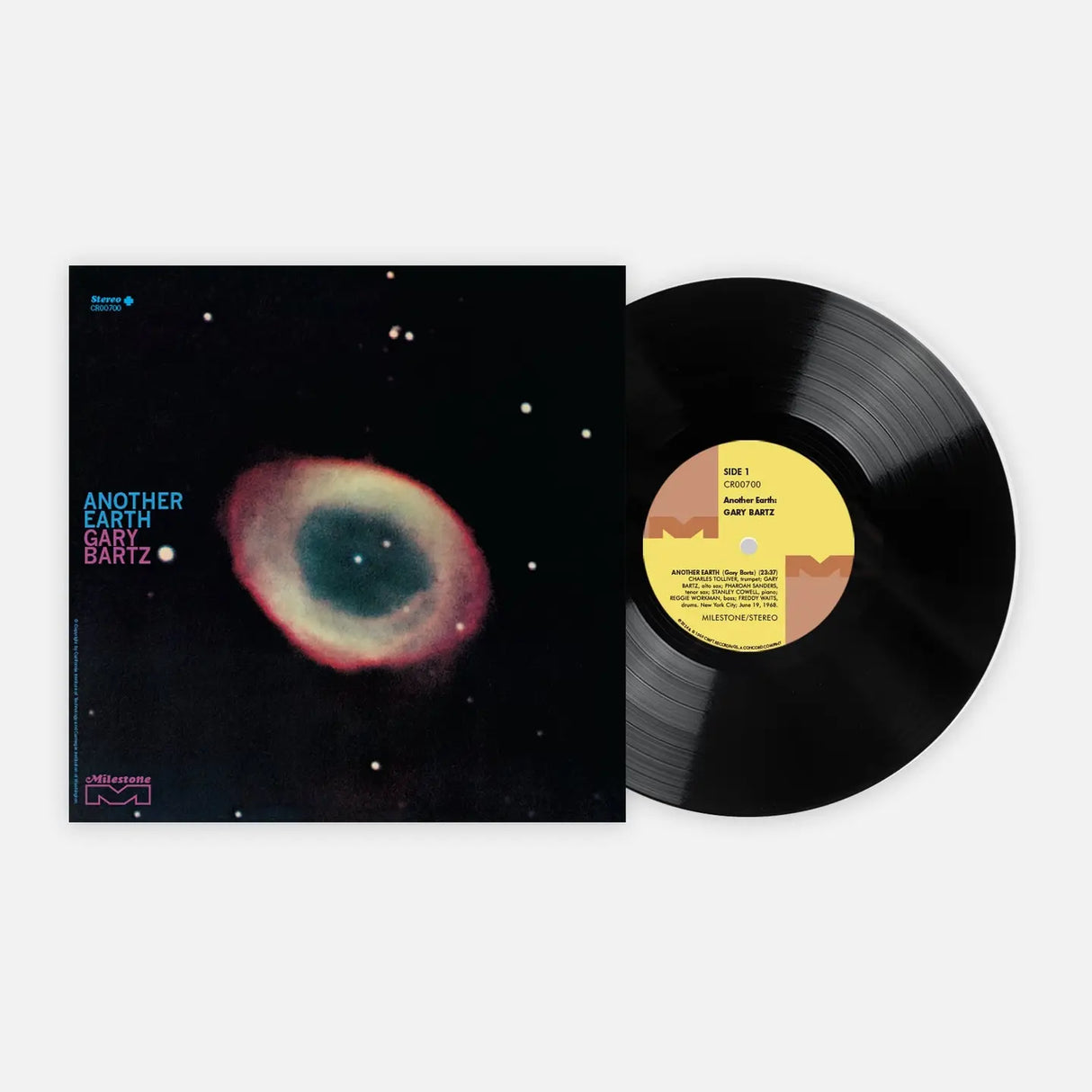 Vinyl record with cover featuring space-themed design on a white background
