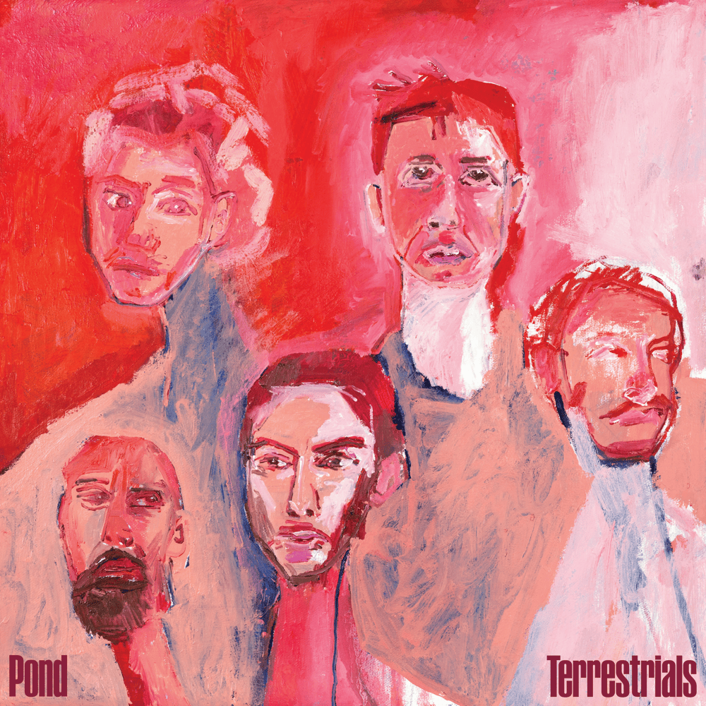 Album cover with stylized portraits of men on a red and pink background, featuring the text 'Pond' and 'Terrestrials'.