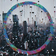 Colorful abstract design over a cityscape with text overlay