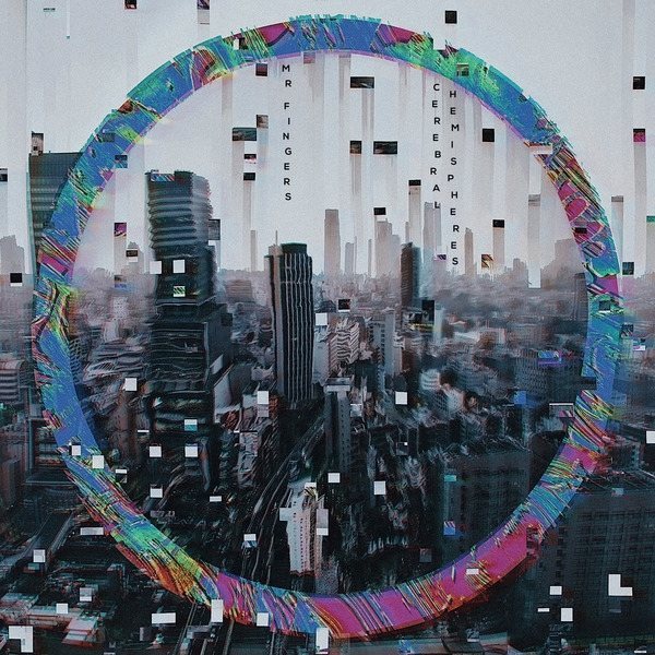 Colorful abstract design over a cityscape with text overlay