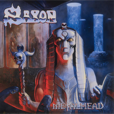 Album cover for Saxon's 'Metalhead' with a stylized Sphinx and other figures.