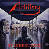 Album cover for 'Artillery by Inheritance' with a central figure and faces in a cage.
