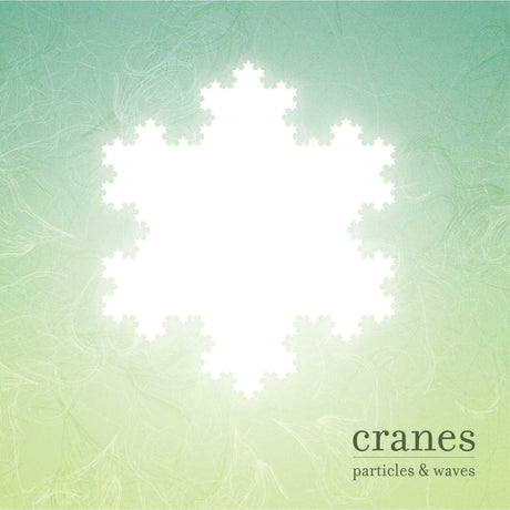 Album cover with a fractal design and text 'cranes particles & waves' on a green gradient background