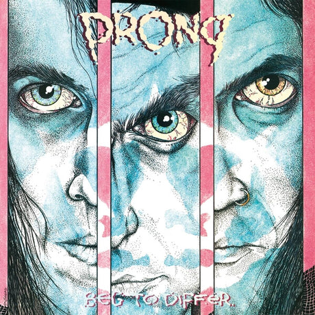 Triptych illustration of a face with blue and pink hues, featuring the word 'DRONG' at the top.