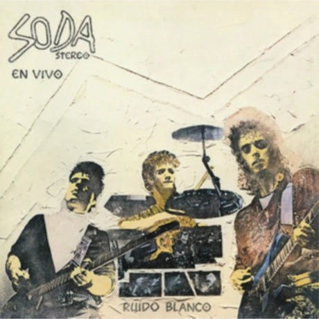 Album cover of Soda Stereo with band members and text 'SODA Stereo En Vivo Ruido Blanco'.