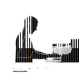 Black and white silhouette of a person playing piano with keyboard design elements.