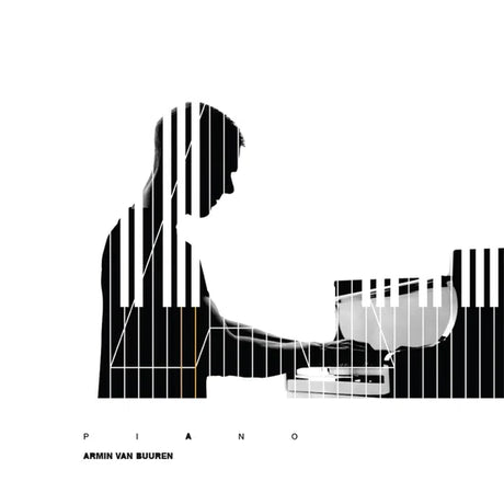 Black and white silhouette of a person playing piano with keyboard design elements.