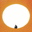Person sitting inside a large white circle on an orange background