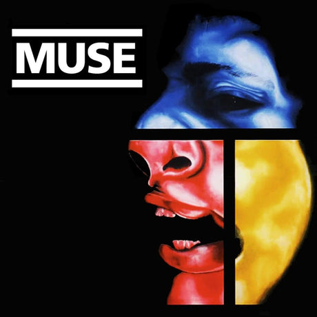 Album cover for Muse featuring abstract faces in blue, red, and yellow with the band name 'Muse' at the top.