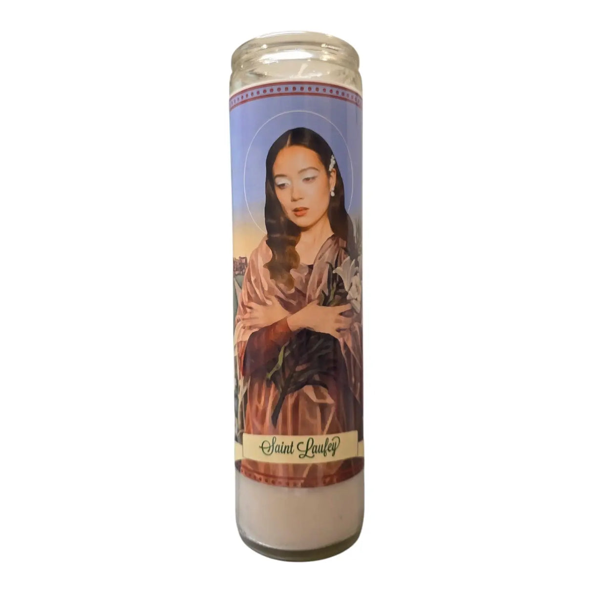 Candle with a portrait of a woman on a white background