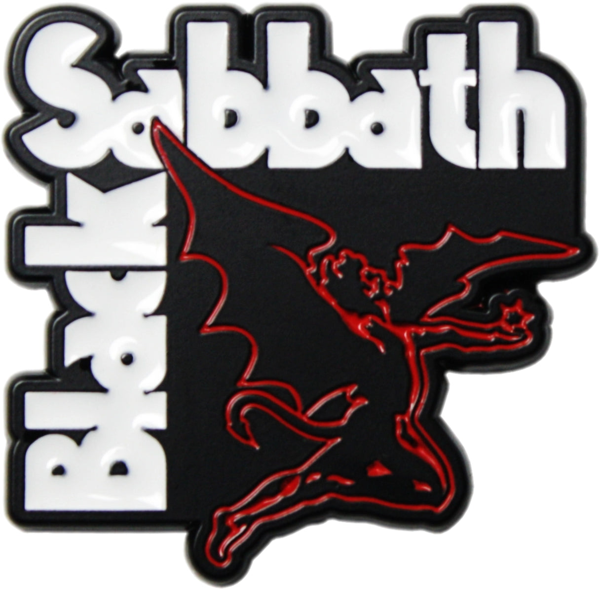 A black and white Black Sabbath logo patch featuring the band name in white and a red running demon silhouette on a black background.