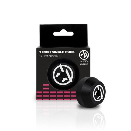 Black 7 inch single puck with packaging on a white background