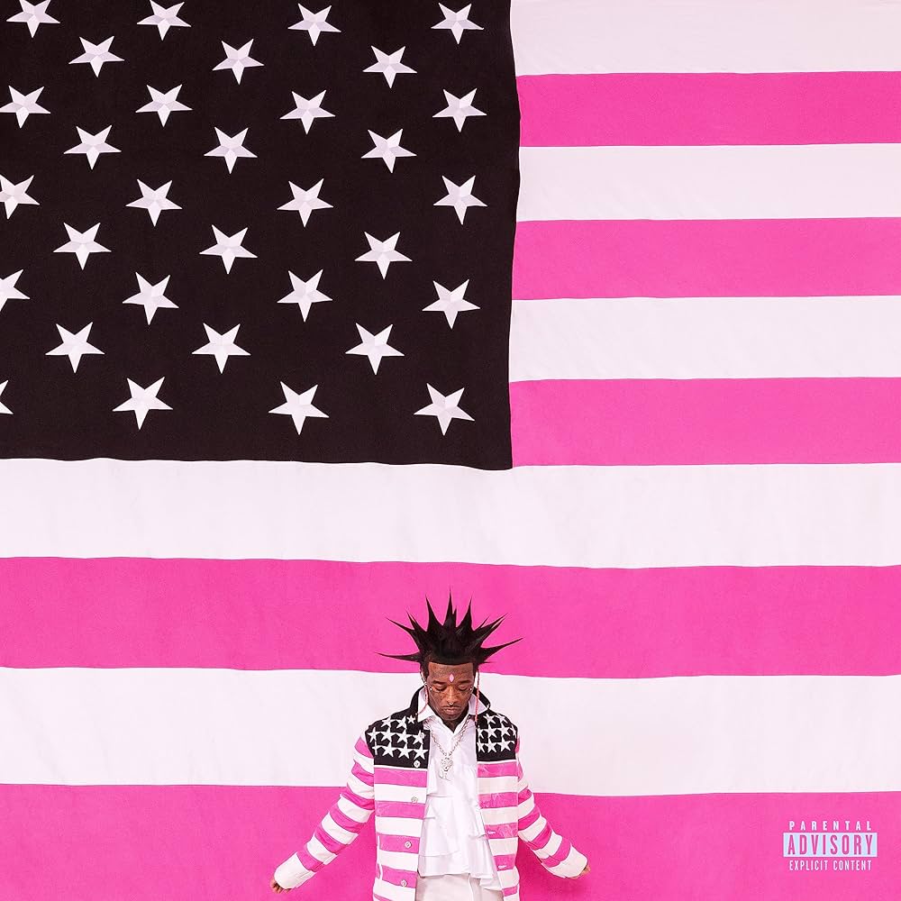 Person standing in front of a large American flag with pink and black design