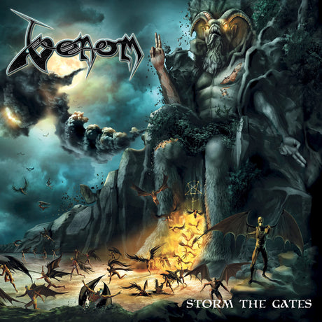 Album cover for 'Storm the Gates' by Venom featuring a demonic figure and fiery gate.