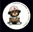 Vinyl record with a cartoon bear character wearing a pink cap and gold chain on a black background.