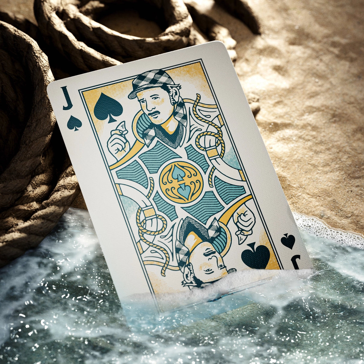 Playing card with a spade symbol character in water