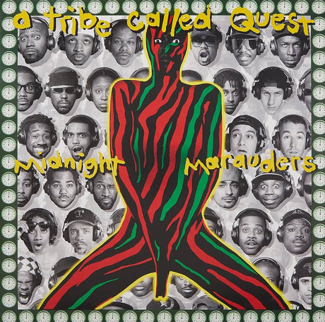 Album cover with a colorful abstract figure and text 'A Tribe Called Quest Midnight Marauders' on a patterned background.