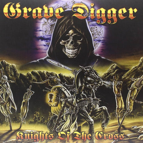 Album cover for 'Knights of the Cross' by Grave Digger featuring a skeleton in a hooded cloak and warrior on horseback.
