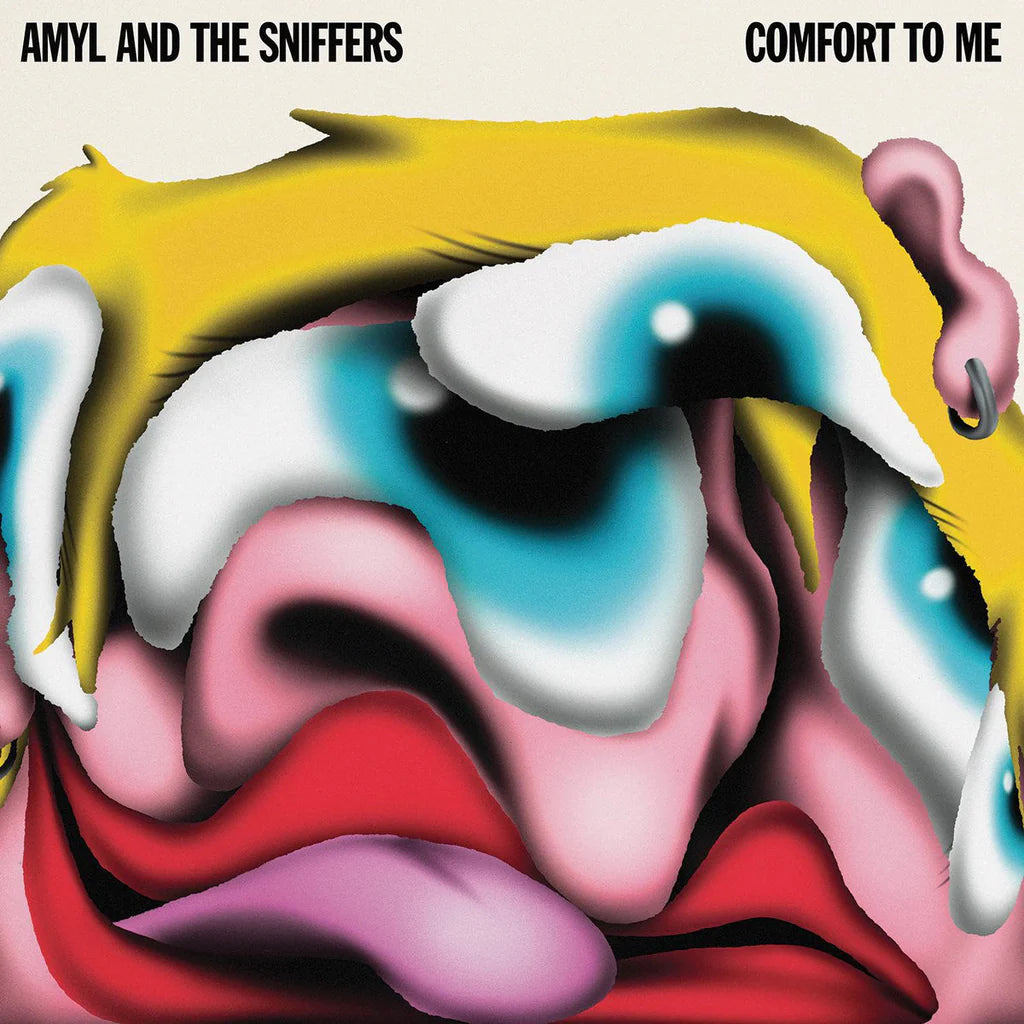 Album cover with abstract design and text 'Amyl and the Sniffers Comfort to Me'.