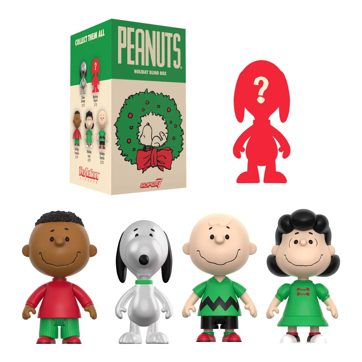 Peanuts Holiday Mingle Box collectible figure set on a white background, showing the product box, a red silhouette of the hidden figure with a question mark, and four character figures including Charlie Brown, Snoopy, Woodstock, and Peaches.