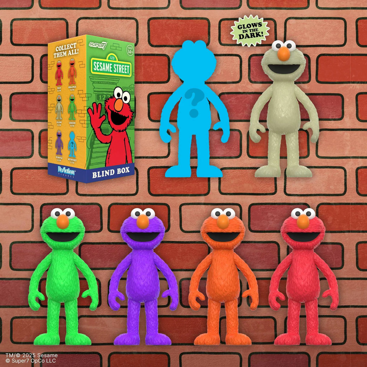 Sesame Street toy figures and packaging on a brick wall background