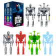 The Iron Giant blind box action figure set showing the retail box and multiple robot figure variants on a plain white background. Visible figures include a silver classic Iron Giant, a darker metallic robot, a silver robot with an S emblem, a red robot, a bright green robot, and a light blue mystery figure with a question mark.
