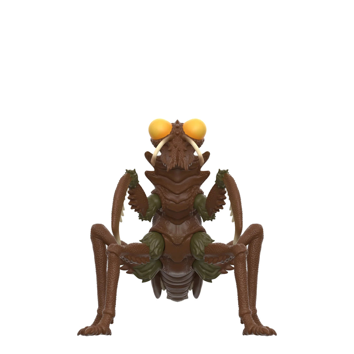 Toy figure of a praying mantis with large eyes on a white background