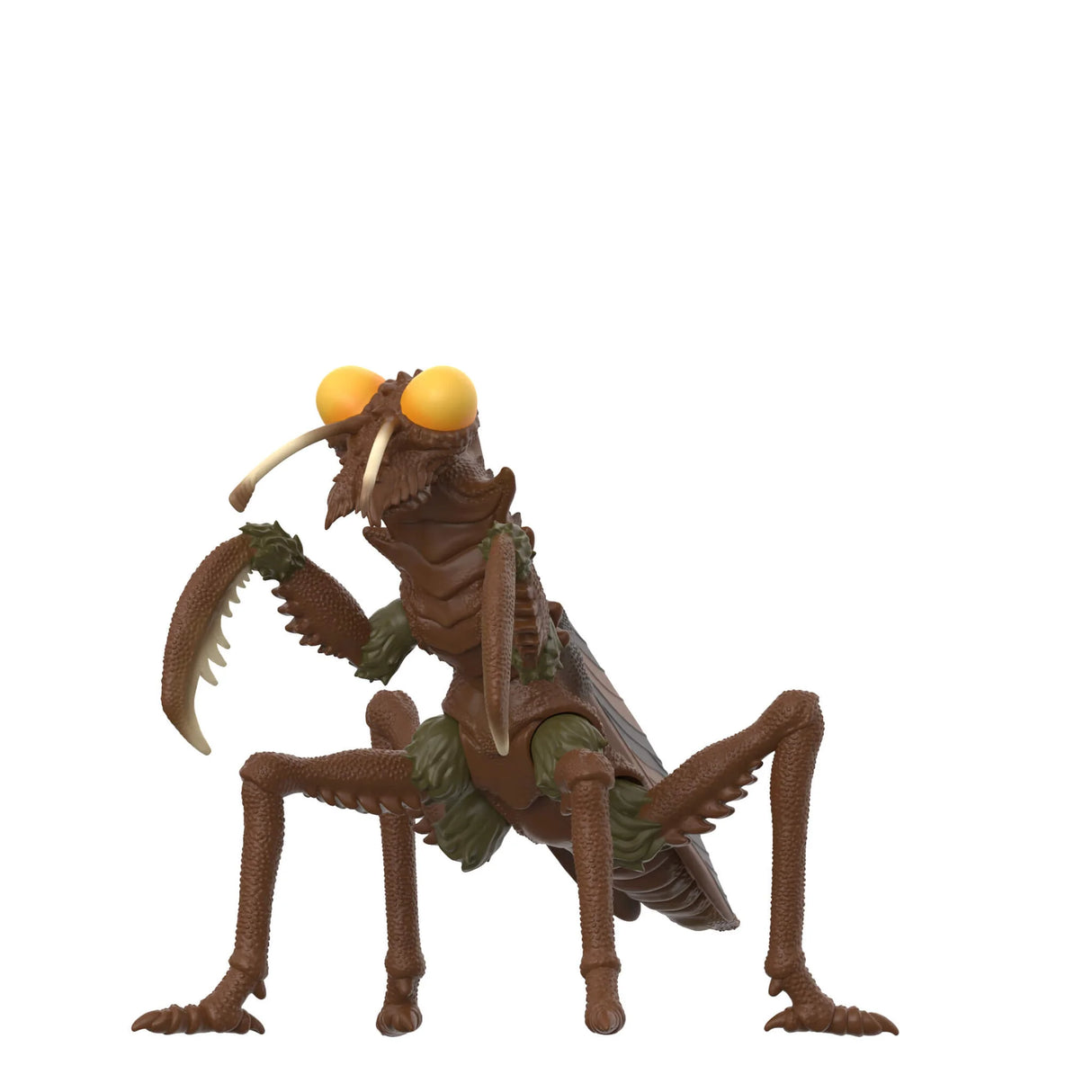 Toy figure of a praying mantis with yellow eyes on a white background